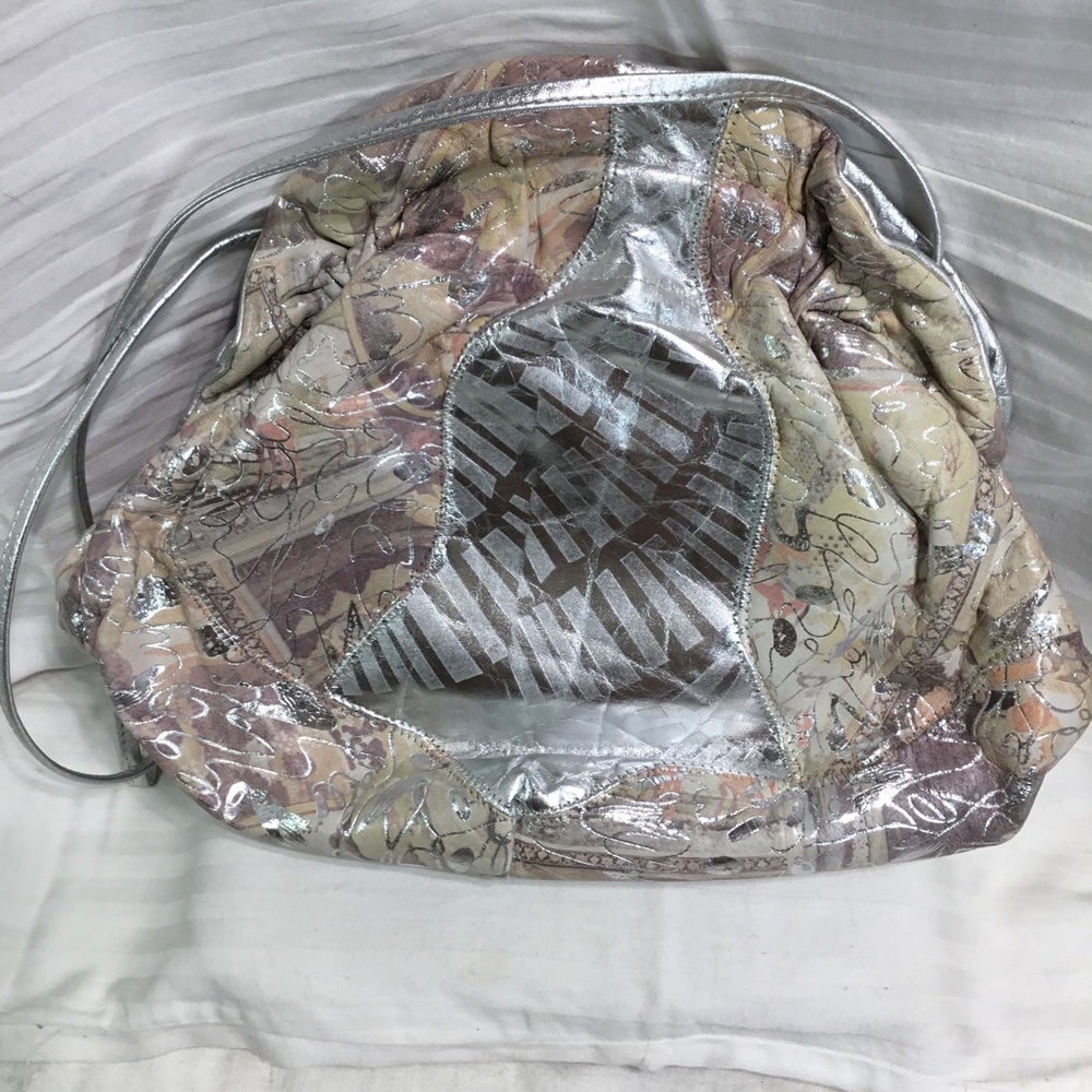 In the Bag leather pouch purse, silver thread motif, snap closure, 13” by 10”